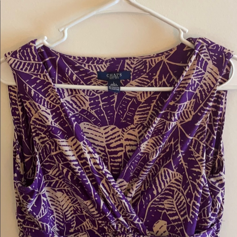Purple and cream sleeveless wrap style dress